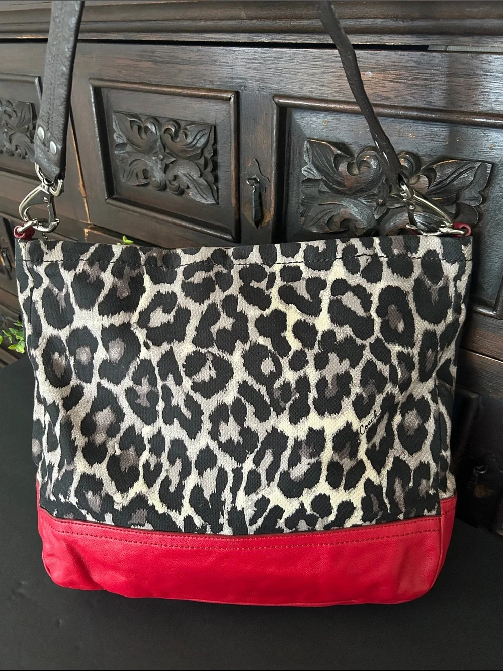 Coach Leopard Print Canvas Shoulder Bag with Red Leather Trim
